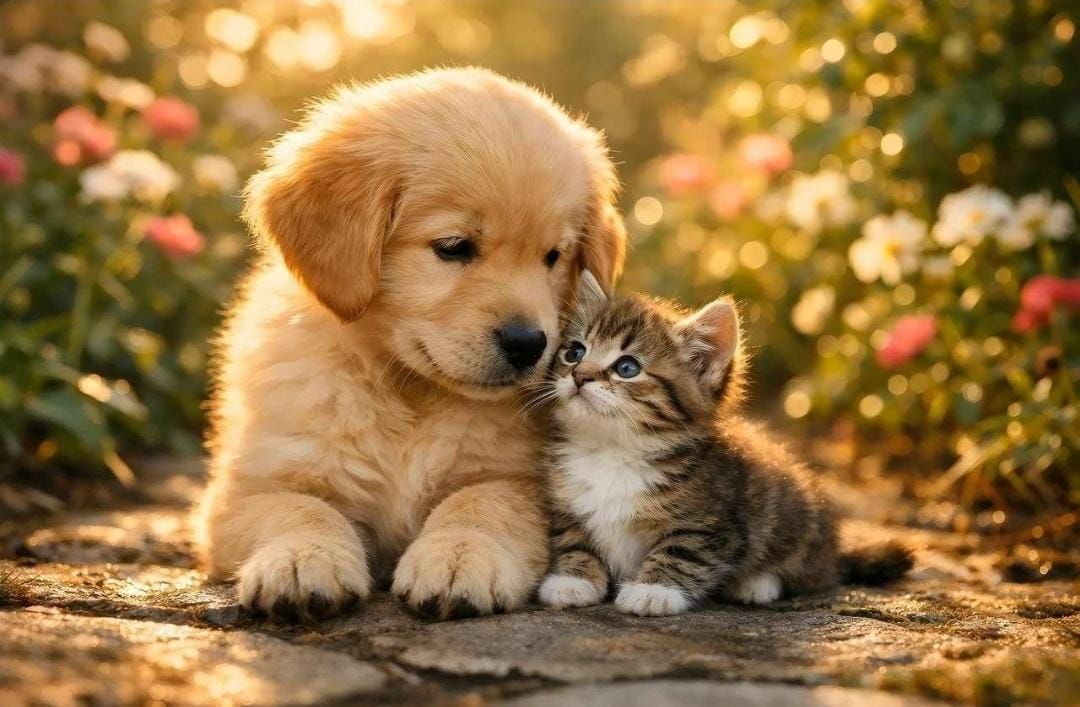 Bir köpek yavrusu ile bir kedi yavrusu yan yana